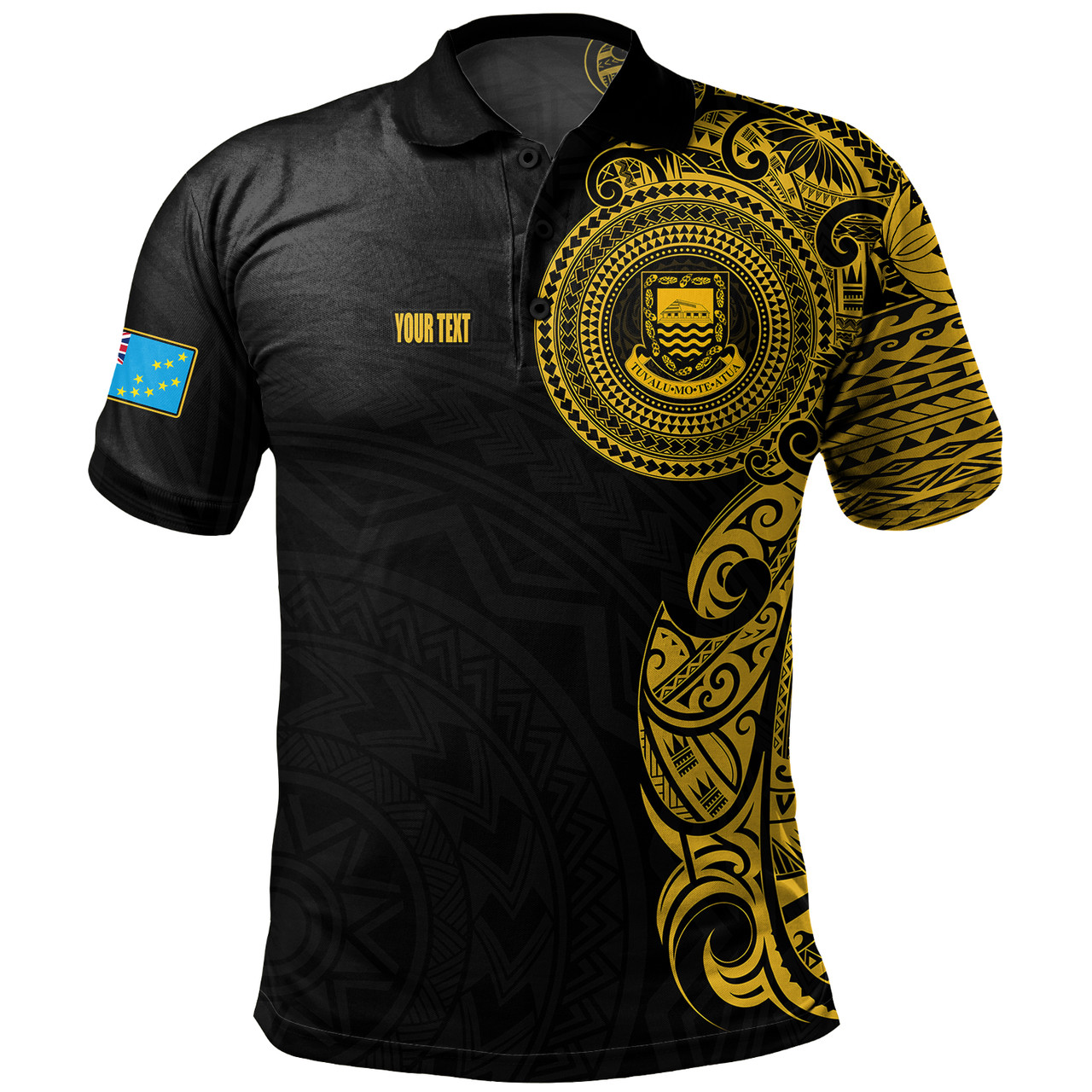 Tuvalu Polo Shirt Custom Polynesian Half Sleeve Gold Tattoo With Seal Black