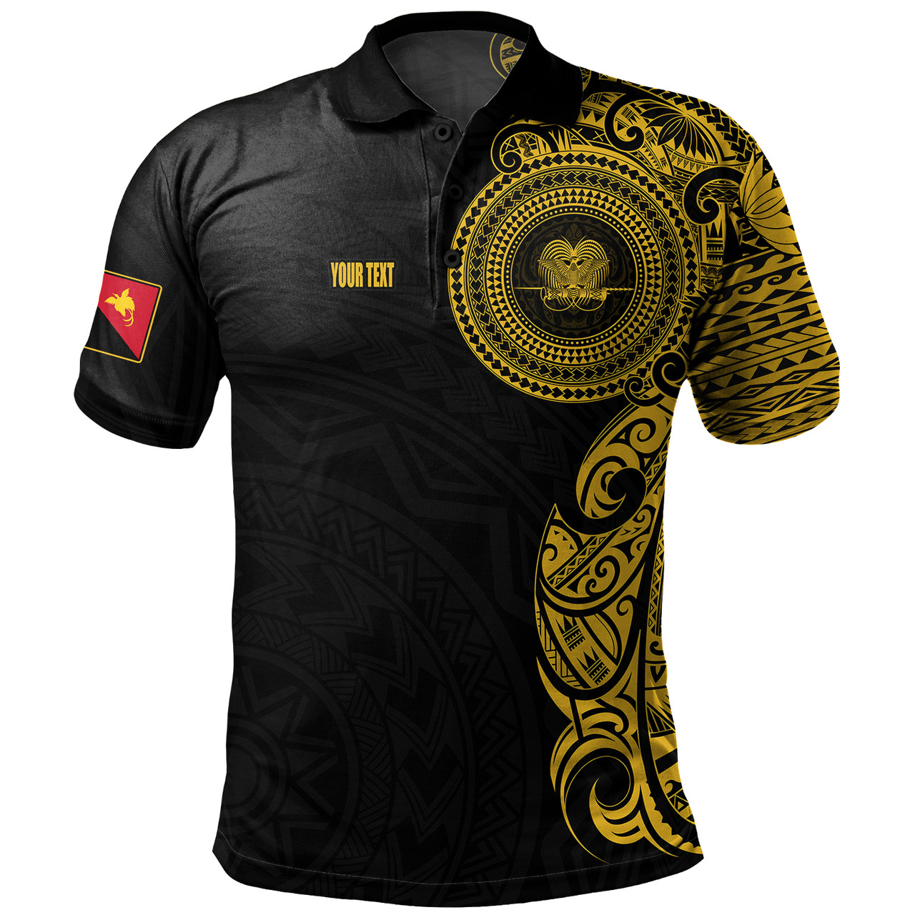 Papua New Guinea Polo Shirt Custom Polynesian Half Sleeve Gold Tattoo With Seal Black