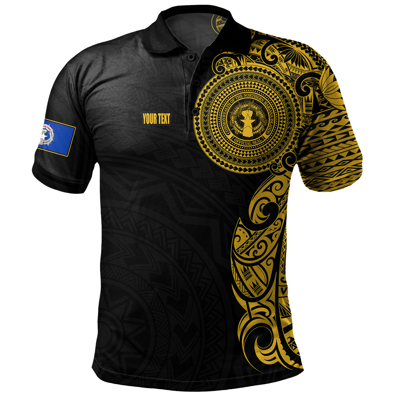 Northern Mariana Islands Polo Shirt Custom Polynesian Half Sleeve Gold Tattoo With Seal Black