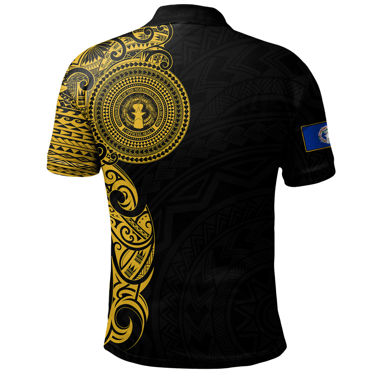 Northern Mariana Islands Polo Shirt Custom Polynesian Half Sleeve Gold Tattoo With Seal Black