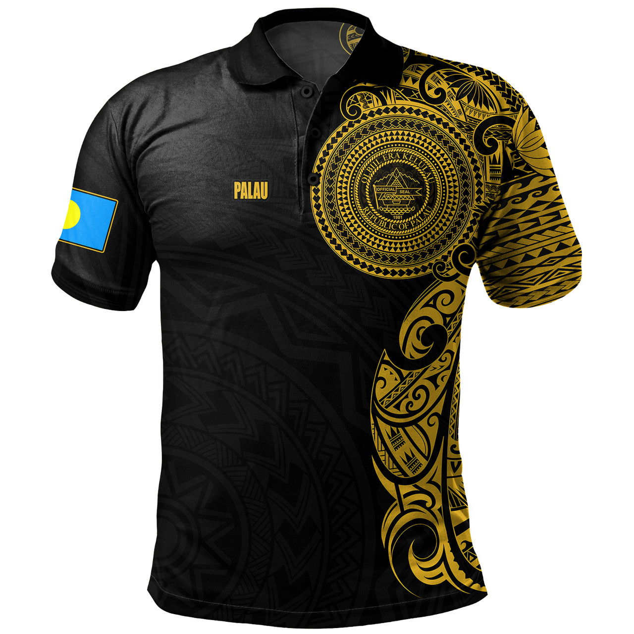 Palau Polo Shirt Custom Polynesian Half Sleeve Gold Tattoo With Seal Black