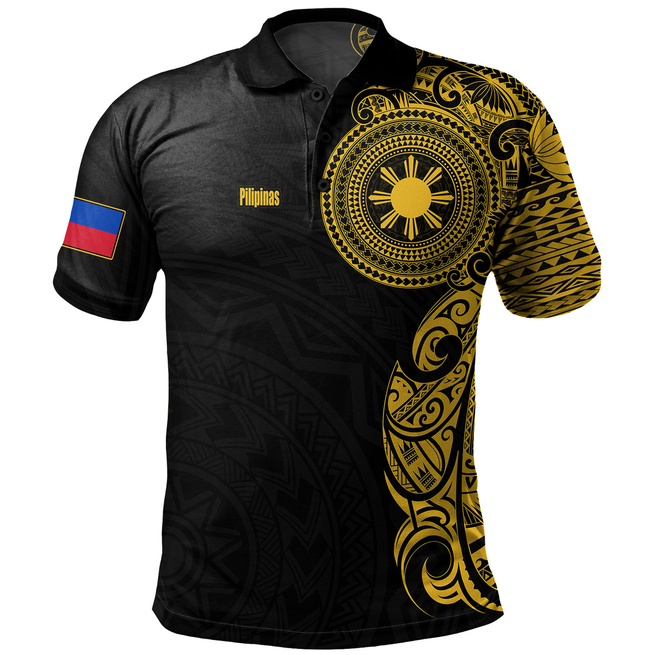 Philippines Filipinos Polo Shirt Custom Polynesian Half Sleeve Gold Tattoo With Seal Black
