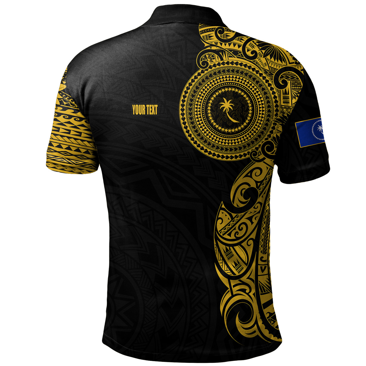 Chuuk State Polo Shirt Custom Polynesian Half Sleeve Gold Tattoo With Seal Black