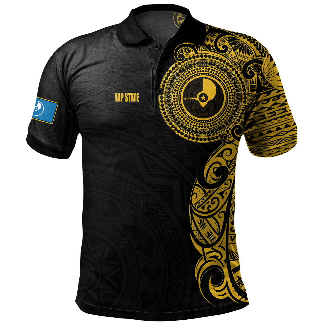 Yap State Polo Shirt Custom Polynesian Half Sleeve Gold Tattoo With Seal Black