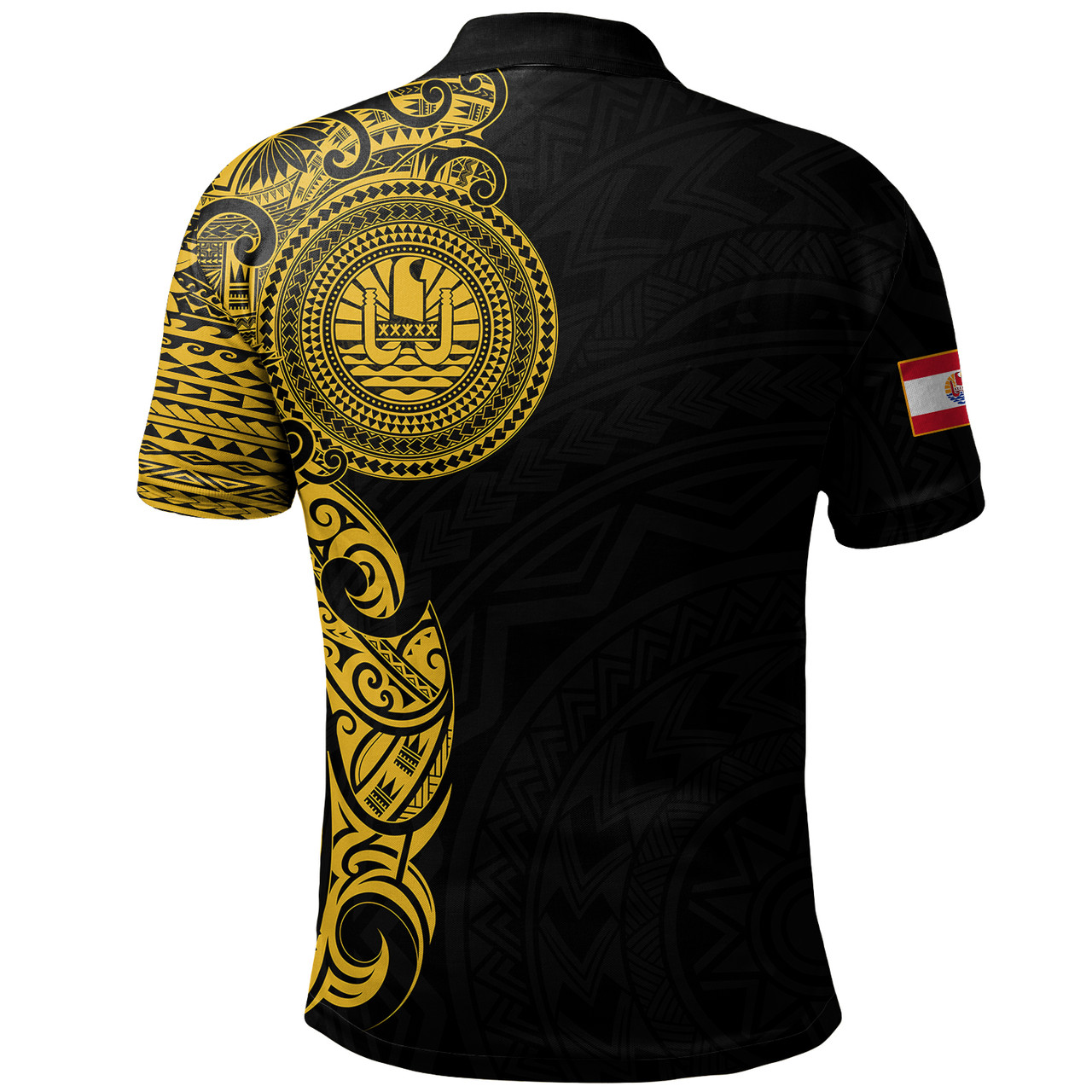 French Polynesia Polo Shirt Custom Polynesian Half Sleeve Gold Tattoo With Seal Black