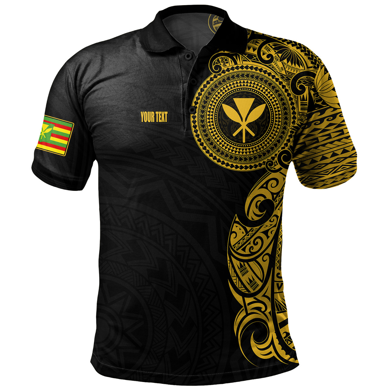 Hawaii Kanaka Maoli Polo Shirt - Custom Polynesian Half Sleeve Gold Tattoo With Kahili Black