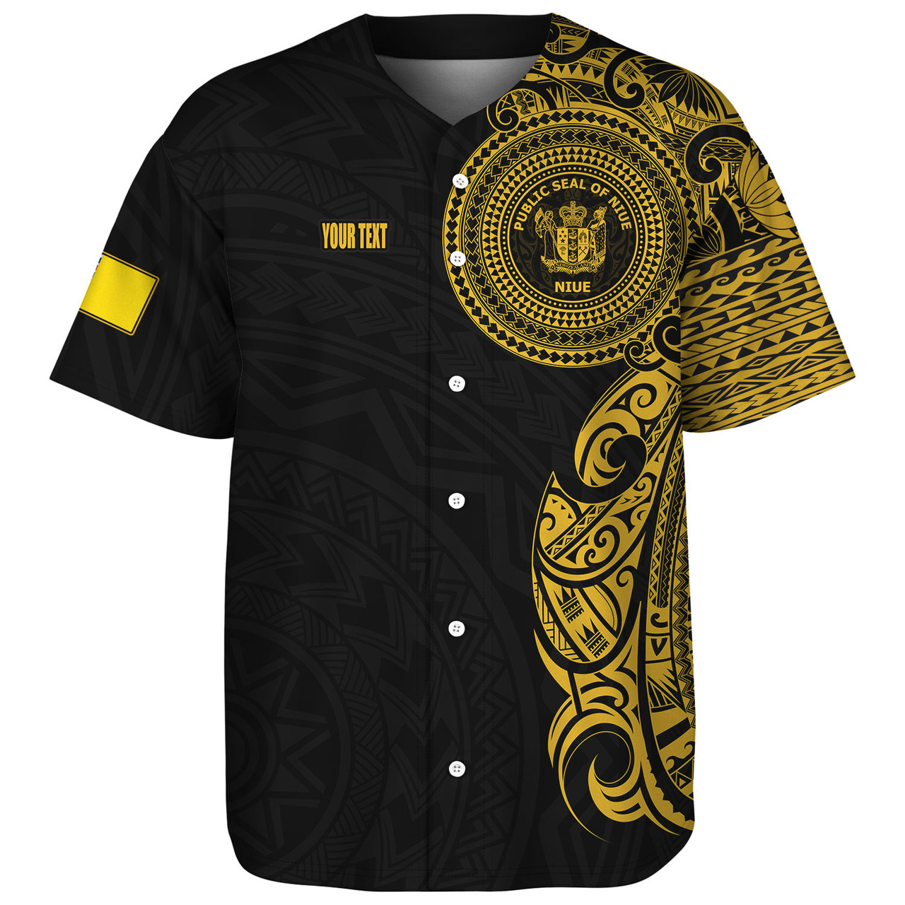 Niue Baseball Shirt Custom Polynesian Half Sleeve Gold Tattoo With Seal Black