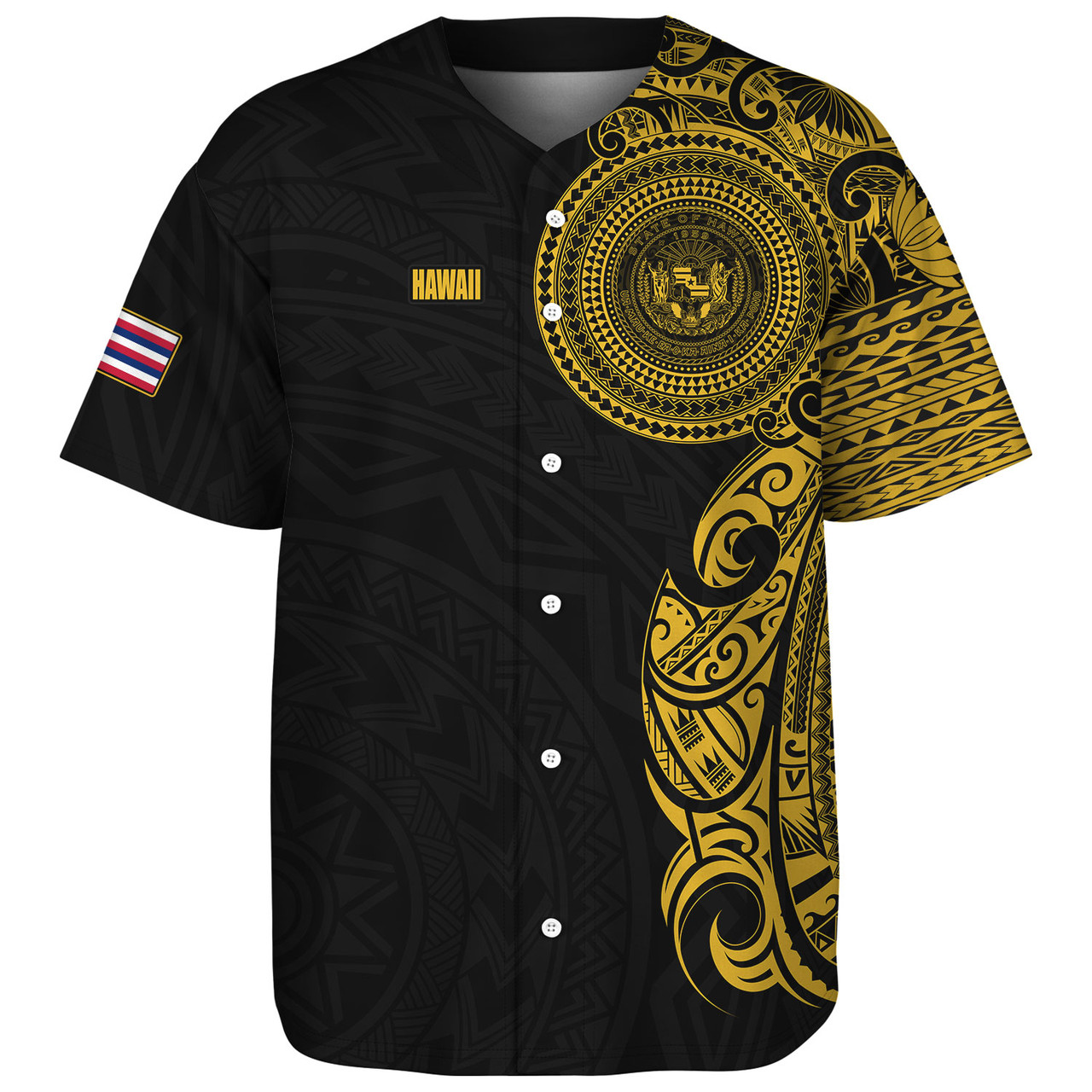 Hawaii Baseball Shirt Custom Polynesian Half Sleeve Gold Tattoo With Seal Black