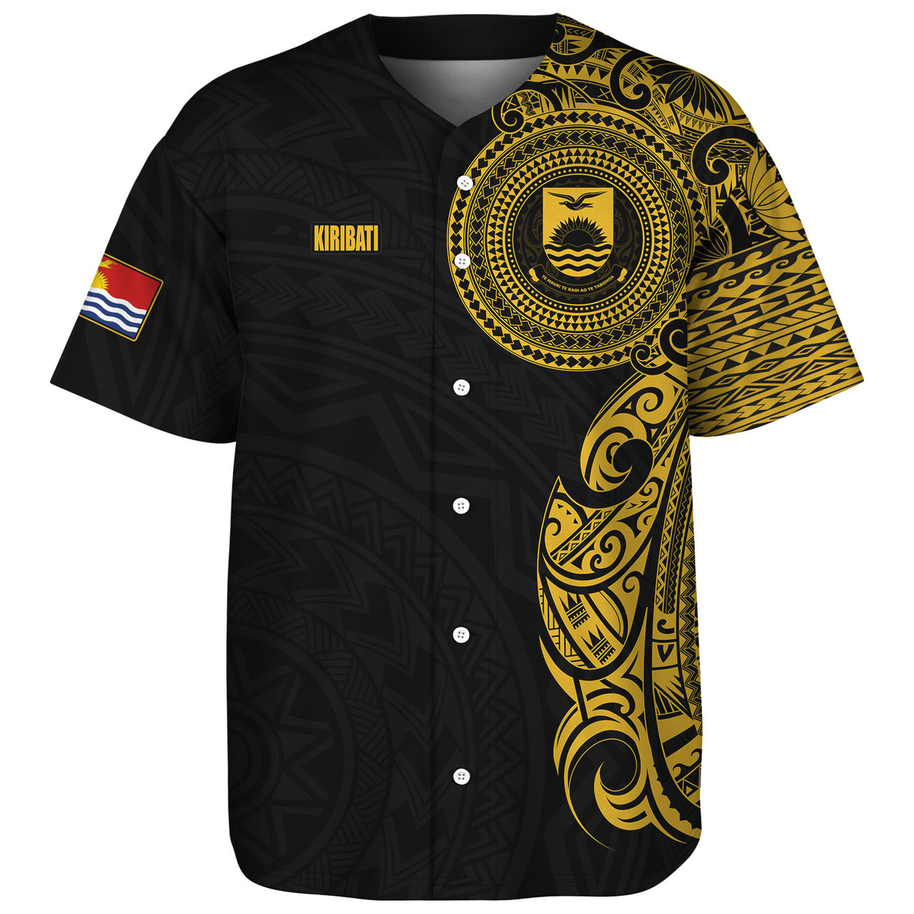 Kiribati Baseball Shirt Custom Polynesian Half Sleeve Gold Tattoo With Seal Black