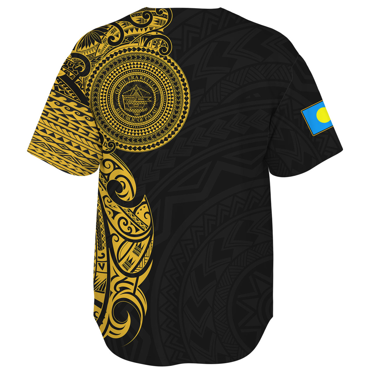 Palau Baseball Shirt Custom Polynesian Half Sleeve Gold Tattoo With Seal Black