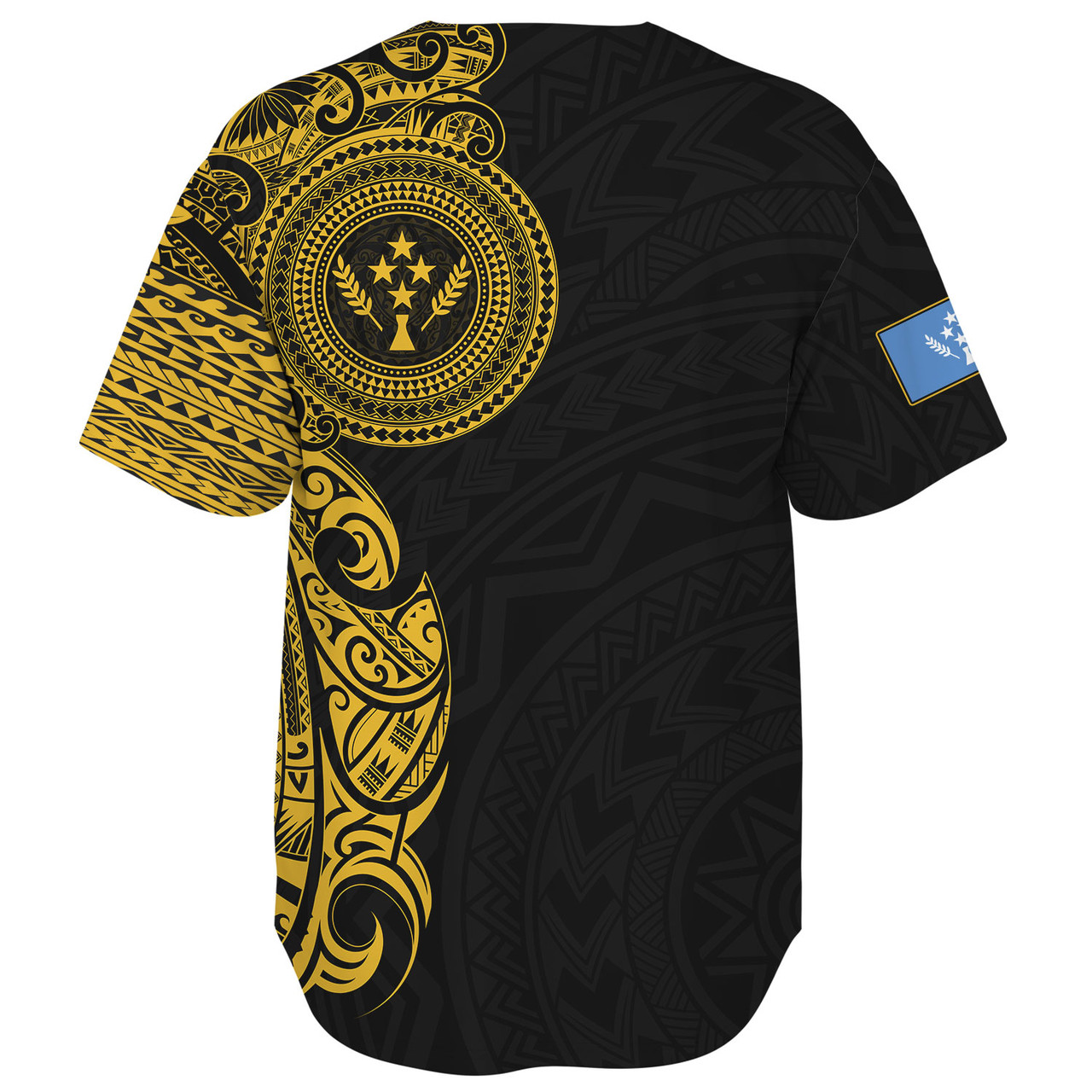 Kosrae Baseball Shirt Custom Polynesian Half Sleeve Gold Tattoo With Seal Black