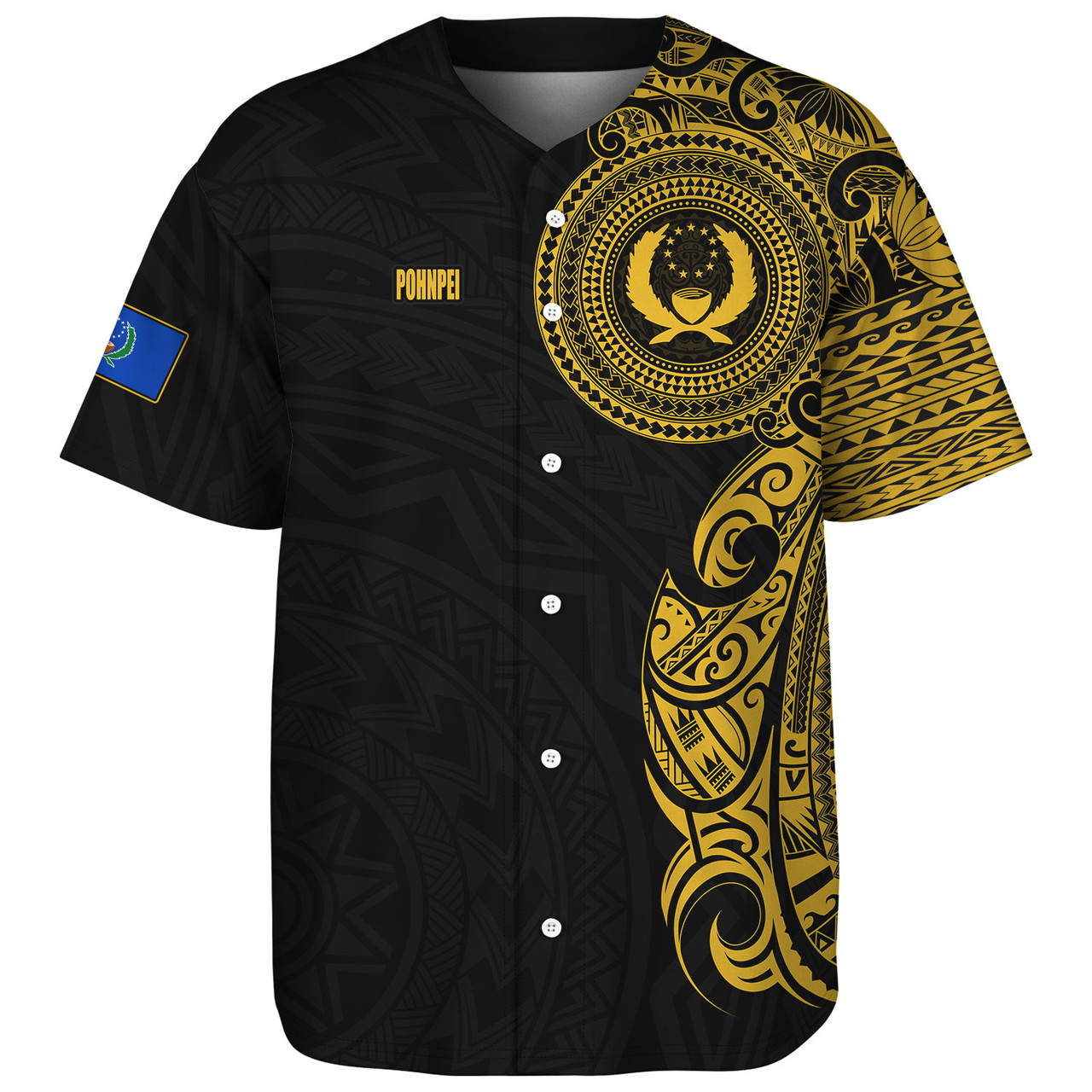 Pohnpei State Baseball Shirt Custom Polynesian Half Sleeve Gold Tattoo With Seal Black