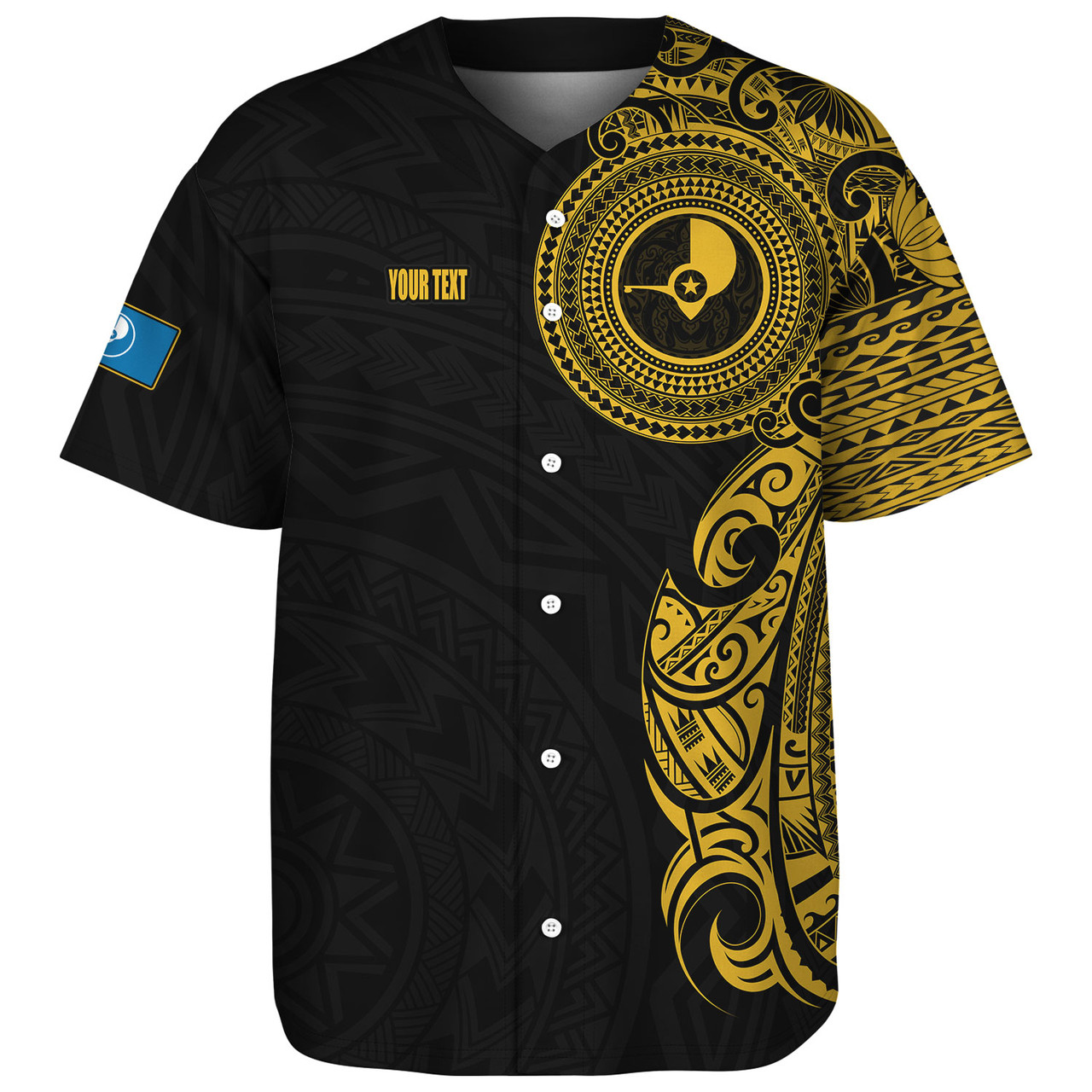 Yap State Baseball Shirt Custom Polynesian Half Sleeve Gold Tattoo With Seal Black