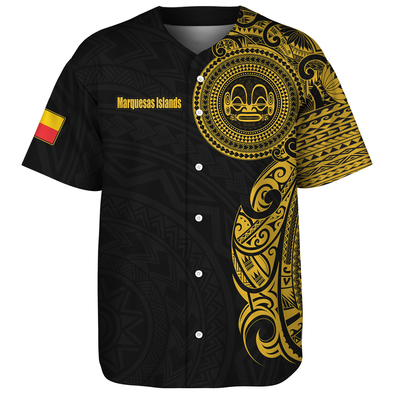 Marquesas Islands Baseball Shirt Custom Polynesian Half Sleeve Gold Tattoo With Seal Black