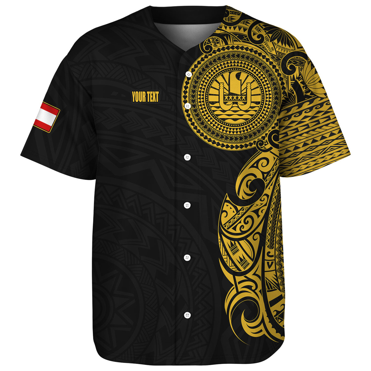 Tahiti Baseball Shirt Custom Polynesian Half Sleeve Gold Tattoo With Seal Black