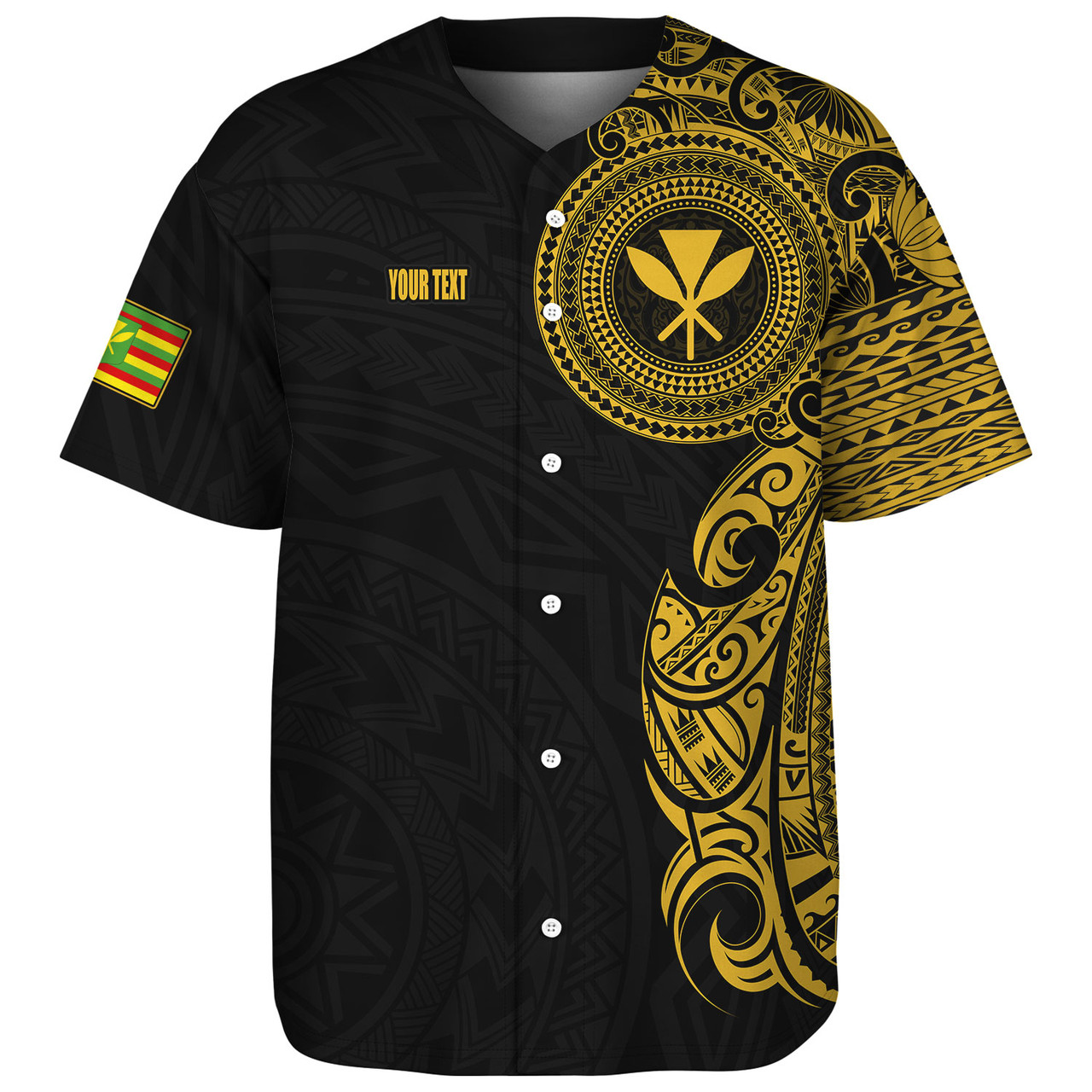 Hawaii Kanaka Maoli Baseball Shirt - Custom Polynesian Half Sleeve Gold Tattoo With Kahili Black