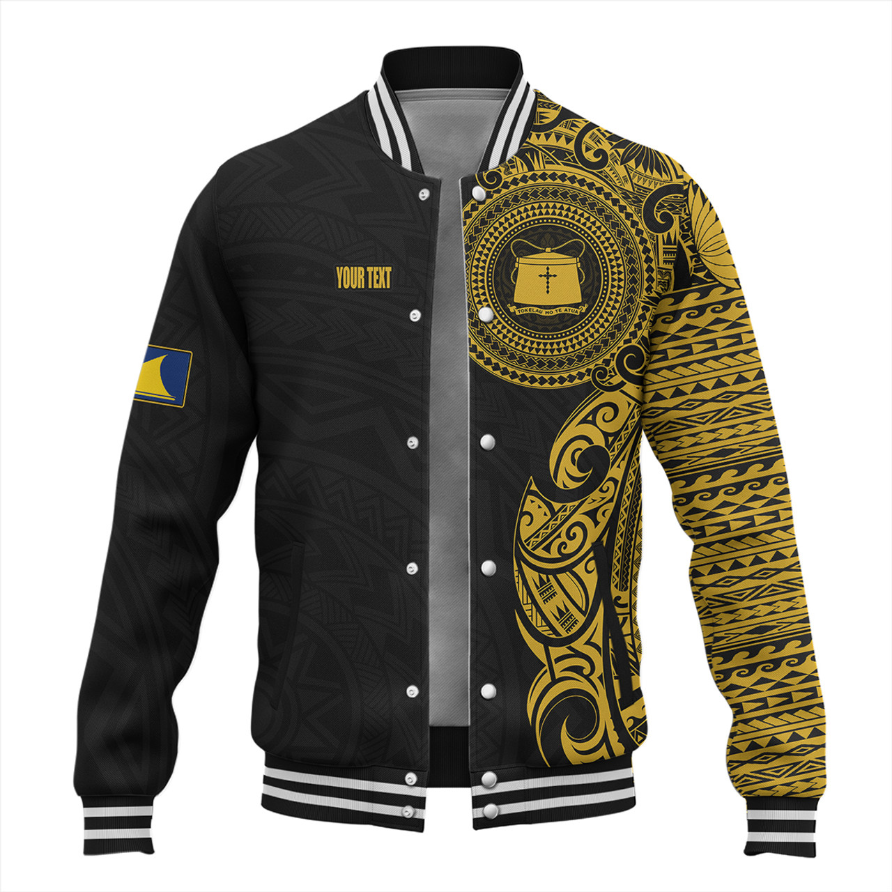 Tokelau Baseball Jacket Custom Polynesian Half Sleeve Gold Tattoo With Seal Black