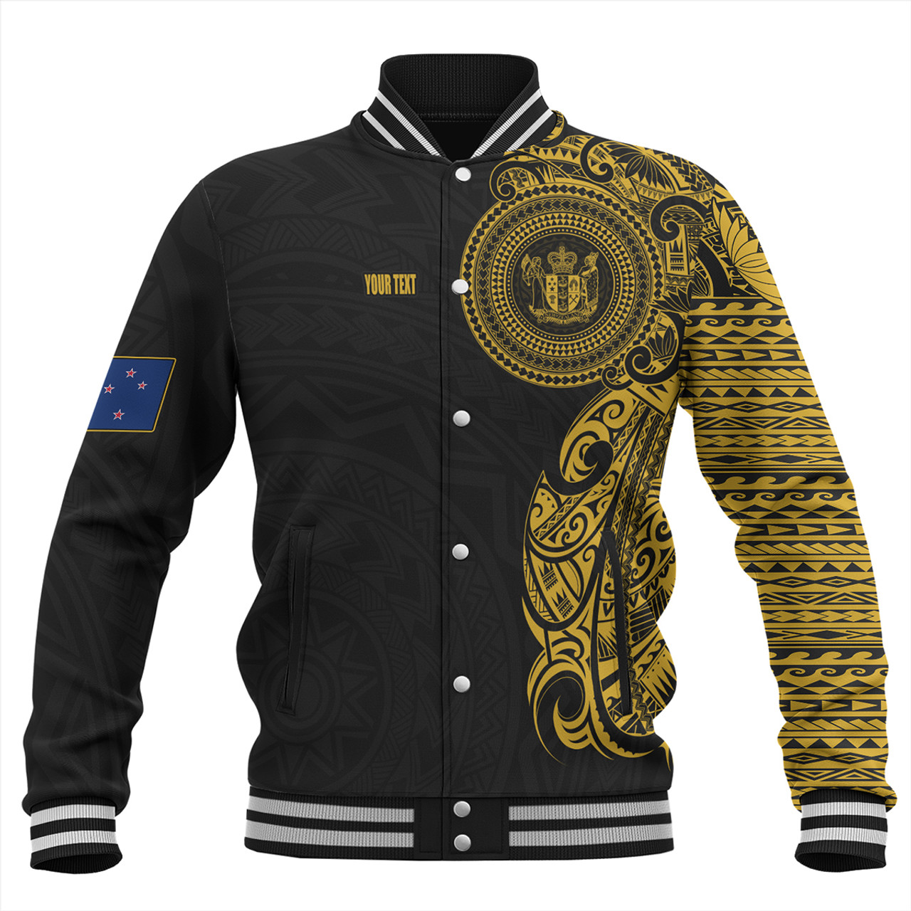 New Zealand Baseball Jacket Custom Polynesian Half Sleeve Gold Tattoo With Seal Black