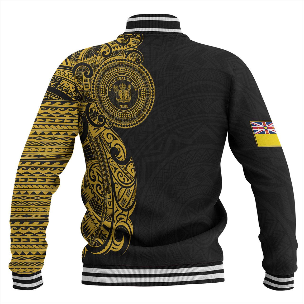 Niue Baseball Jacket Custom Polynesian Half Sleeve Gold Tattoo With Seal Black