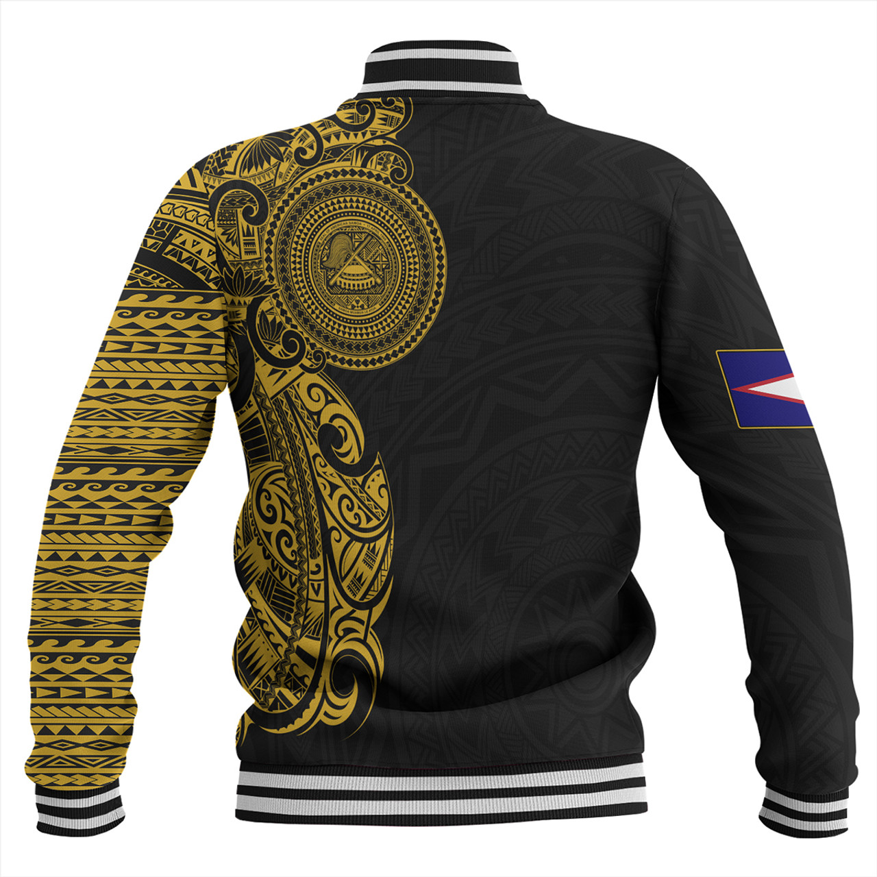 American Samoa Baseball Jacket Custom Polynesian Half Sleeve Gold Tattoo With Seal Black
