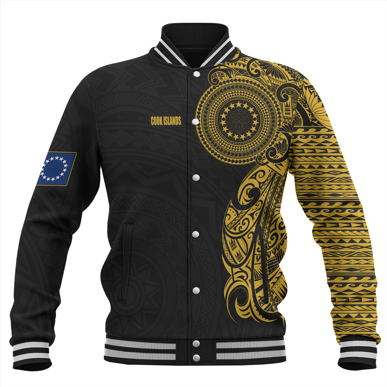 Cook Islands Baseball Jacket Custom Polynesian Half Sleeve Gold Tattoo With Seal Black