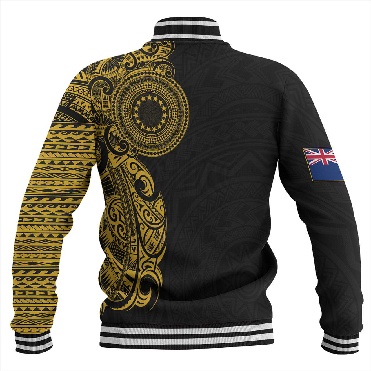 Cook Islands Baseball Jacket Custom Polynesian Half Sleeve Gold Tattoo With Seal Black