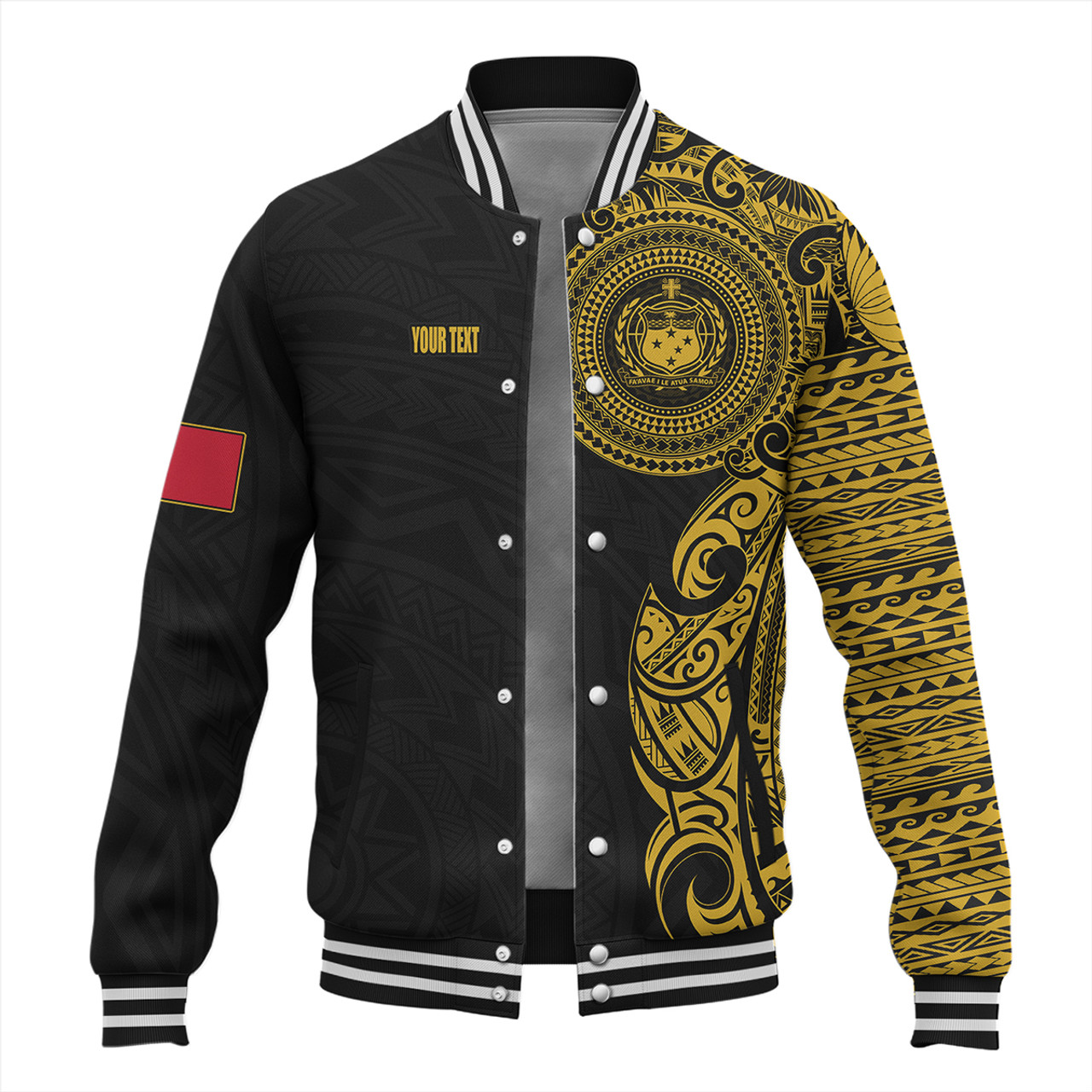 Samoa Baseball Jacket Custom Polynesian Half Sleeve Gold Tattoo With Seal Black