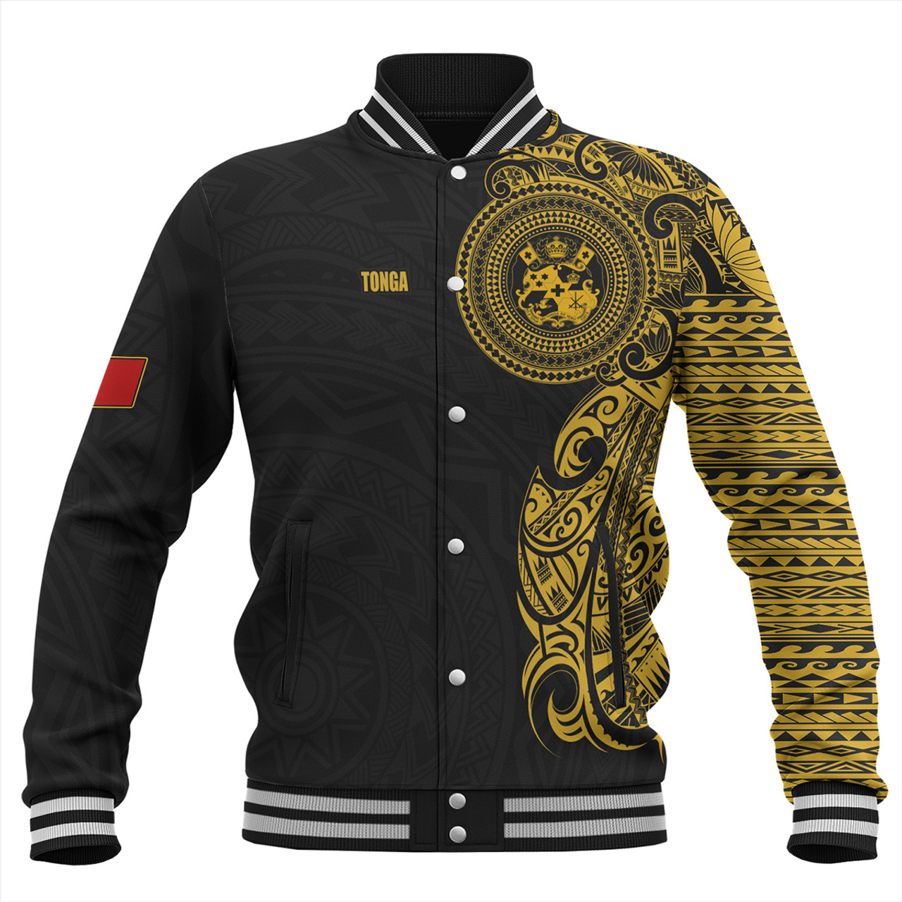 Tonga Baseball Jacket Custom Polynesian Half Sleeve Gold Tattoo With Seal Black