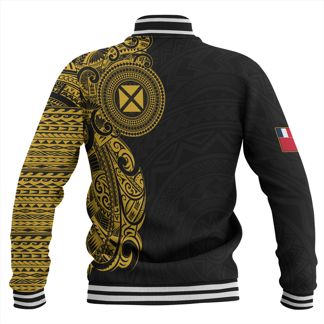 Wallis And Futuna Baseball Jacket Custom Polynesian Half Sleeve Gold Tattoo With Seal Black