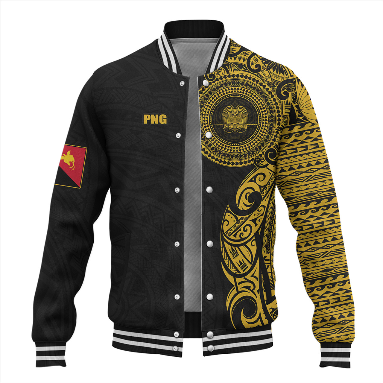 Papua New Guinea Baseball Jacket Custom Polynesian Half Sleeve Gold Tattoo With Seal Black