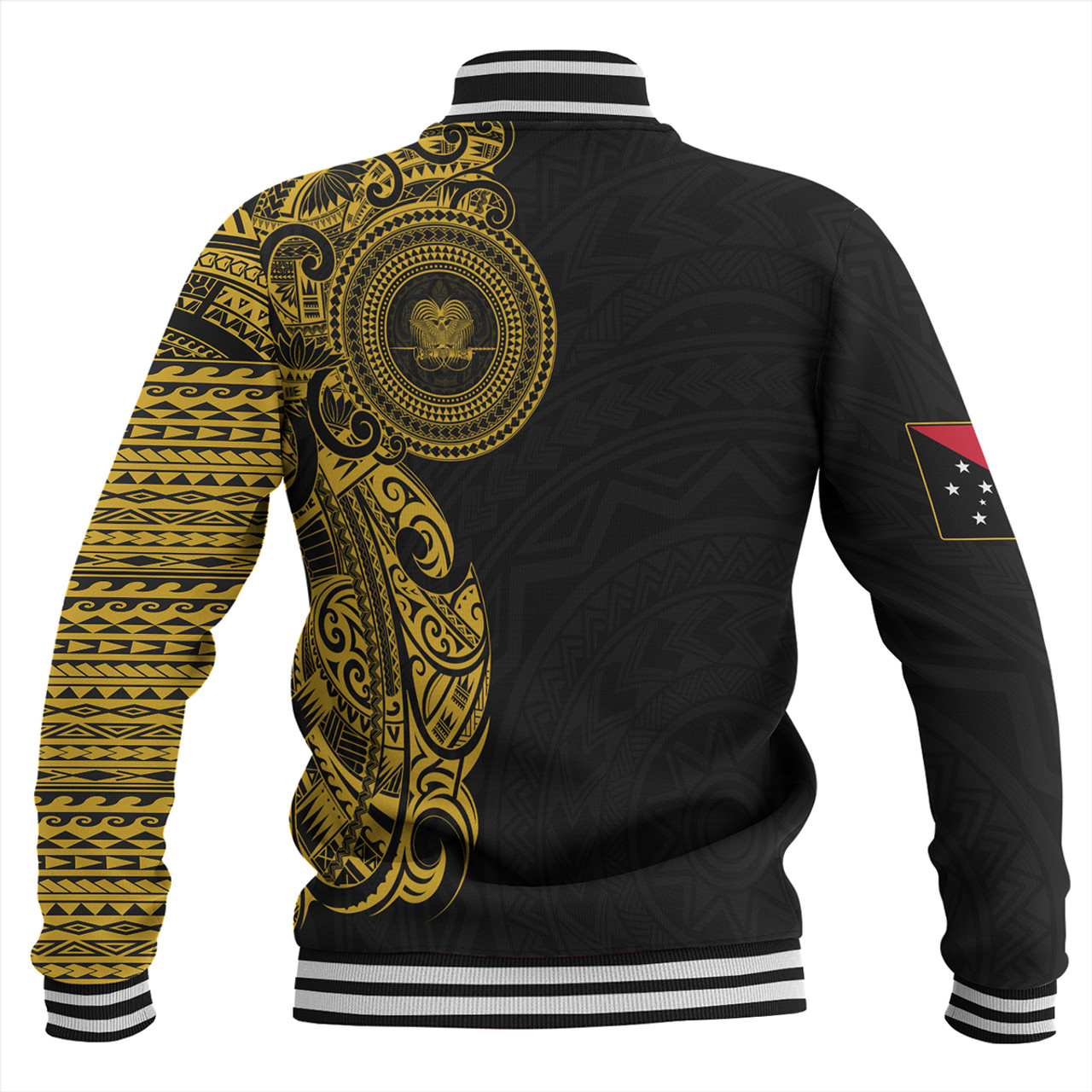 Papua New Guinea Baseball Jacket Custom Polynesian Half Sleeve Gold Tattoo With Seal Black