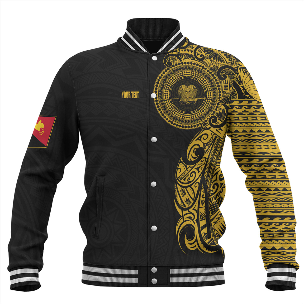 Papua New Guinea Baseball Jacket Custom Polynesian Half Sleeve Gold Tattoo With Seal Black