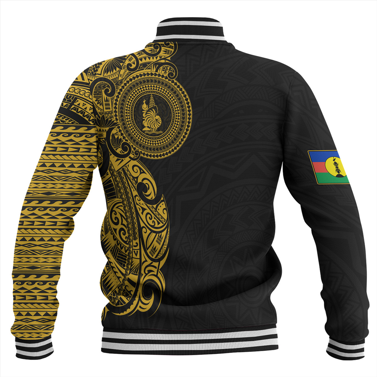 New Caledonia Baseball Jacket Custom Polynesian Half Sleeve Gold Tattoo With Seal Black