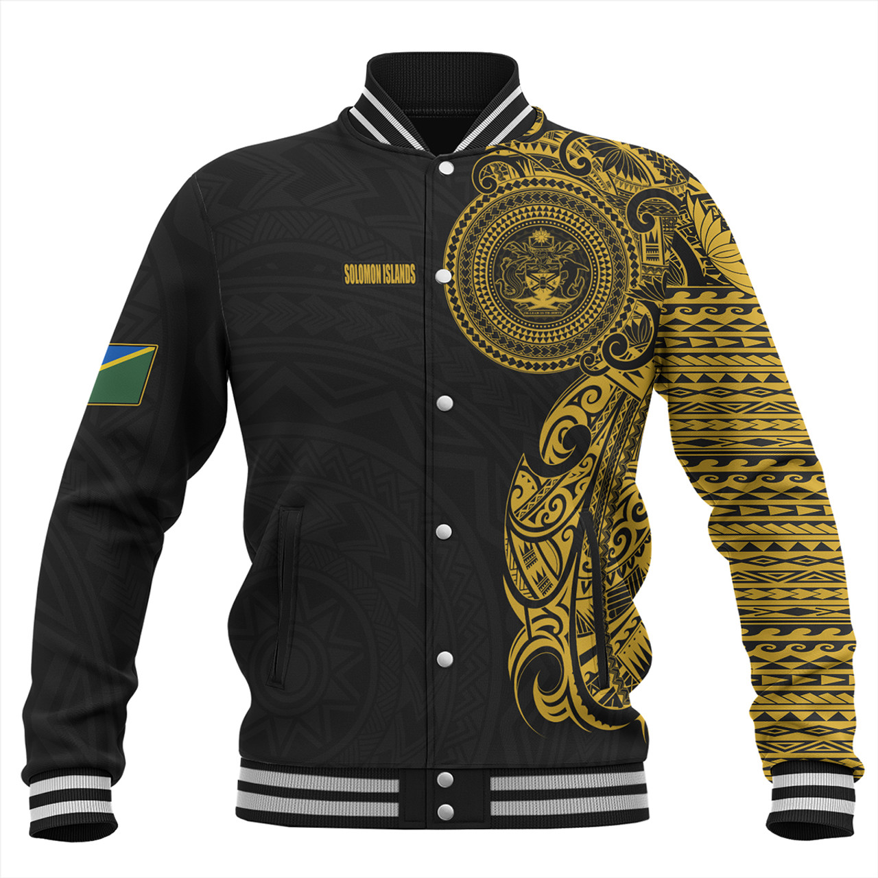 Solomon Islands Baseball Jacket Custom Polynesian Half Sleeve Gold Tattoo With Seal Black