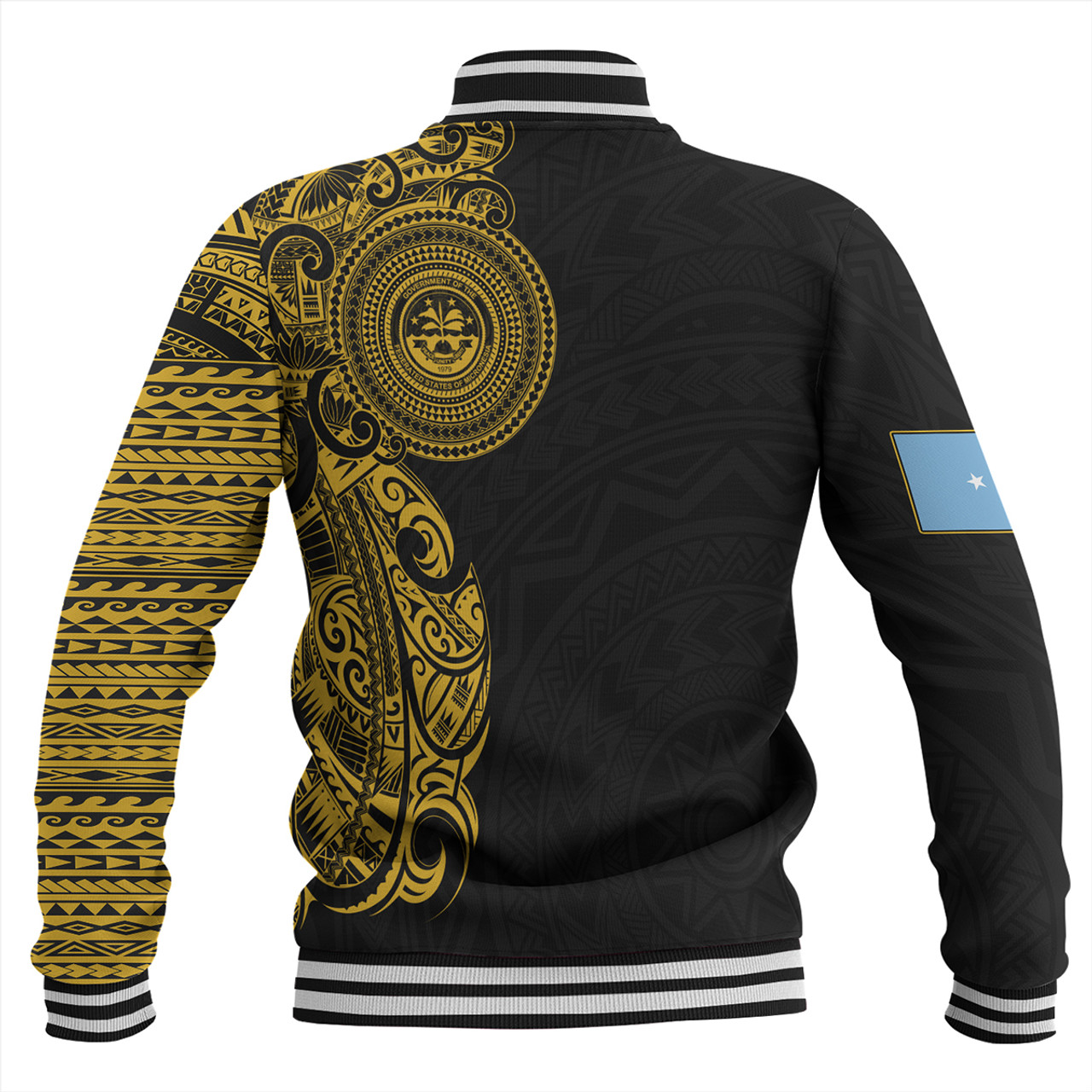 Federated States Of Micronesia Baseball Jacket Custom Polynesian Half Sleeve Gold Tattoo With Seal Black