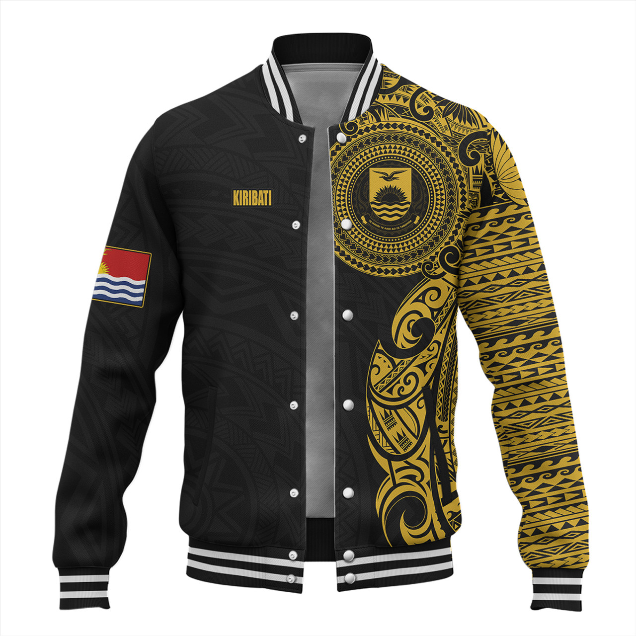 Kiribati Baseball Jacket Custom Polynesian Half Sleeve Gold Tattoo With Seal Black