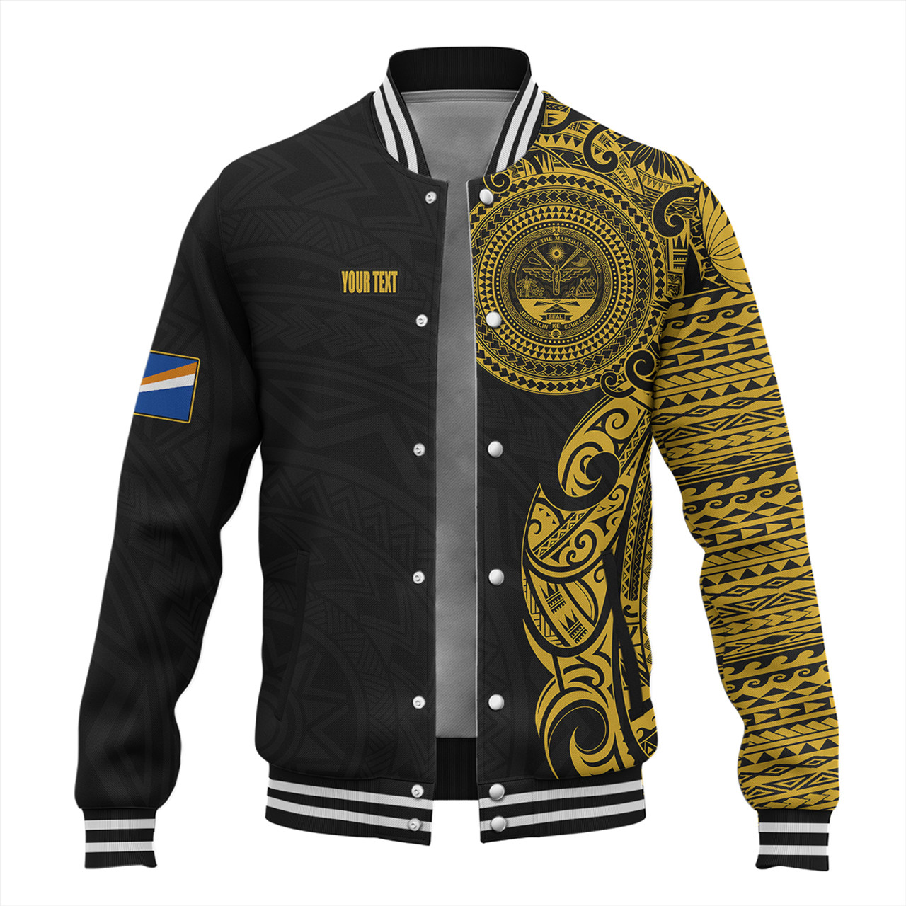 Marshall Islands Baseball Jacket Custom Polynesian Half Sleeve Gold Tattoo With Seal Black