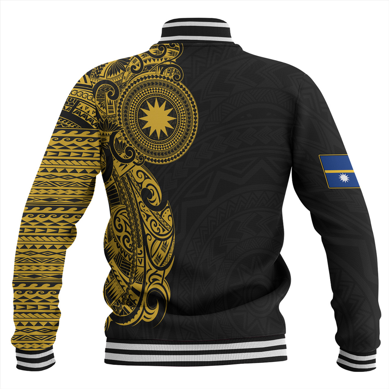 Nauru Baseball Jacket Custom Polynesian Half Sleeve Gold Tattoo With Seal Black