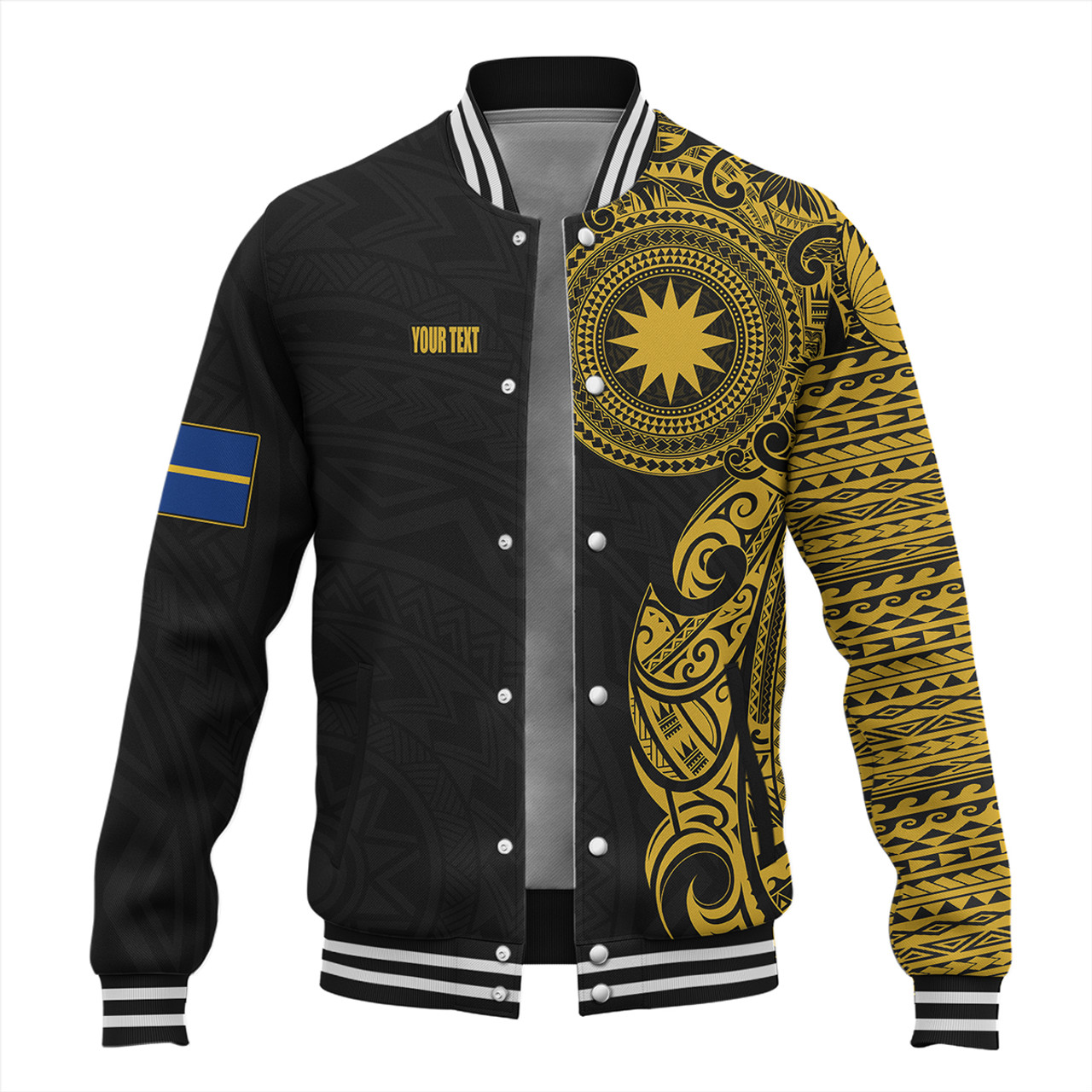 Nauru Baseball Jacket Custom Polynesian Half Sleeve Gold Tattoo With Seal Black