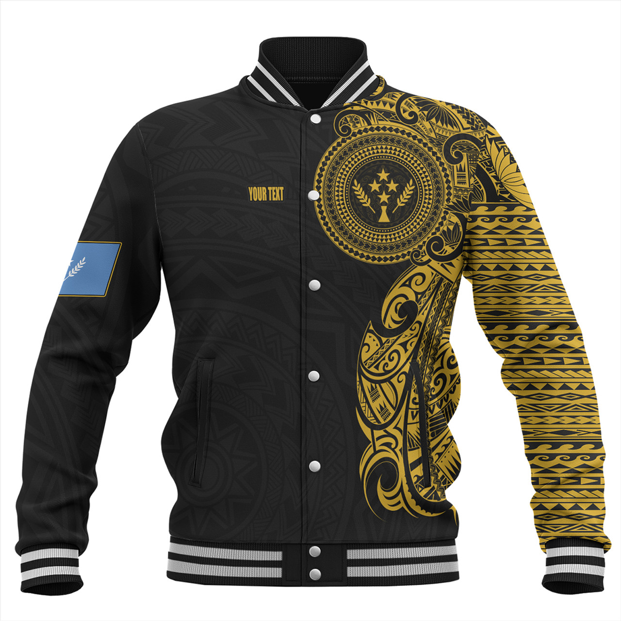 Kosrae Baseball Jacket Custom Polynesian Half Sleeve Gold Tattoo With Seal Black