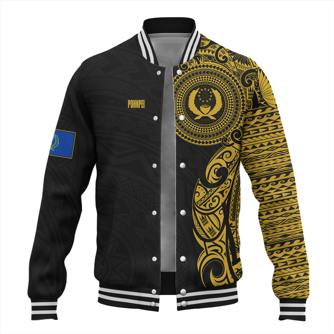 Pohnpei State Baseball Jacket Custom Polynesian Half Sleeve Gold Tattoo With Seal Black