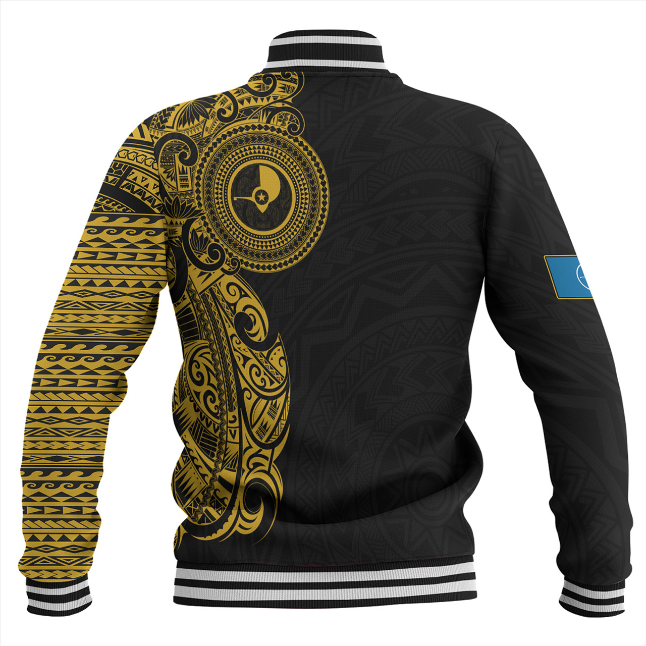 Yap State Baseball Jacket Custom Polynesian Half Sleeve Gold Tattoo With Seal Black