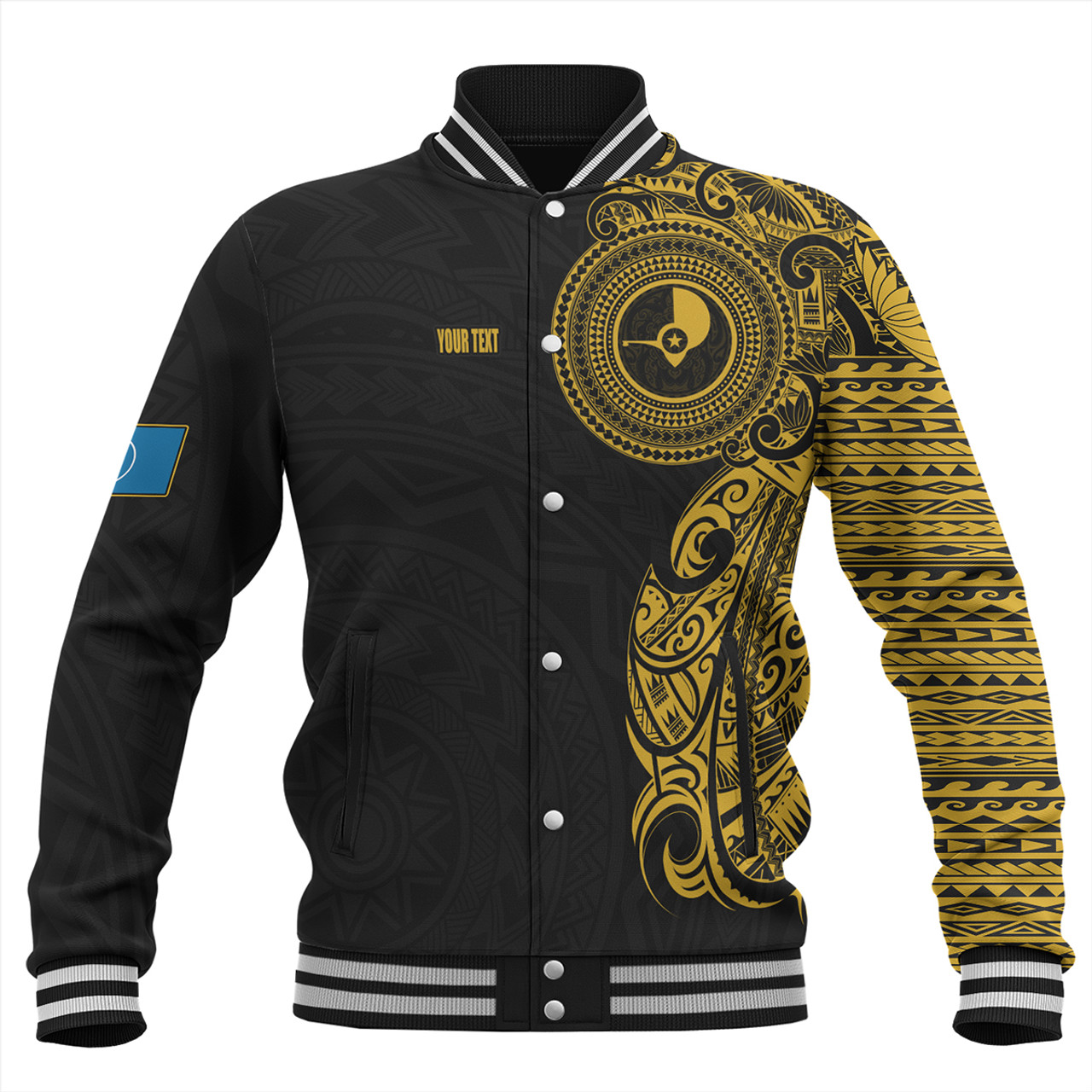 Yap State Baseball Jacket Custom Polynesian Half Sleeve Gold Tattoo With Seal Black