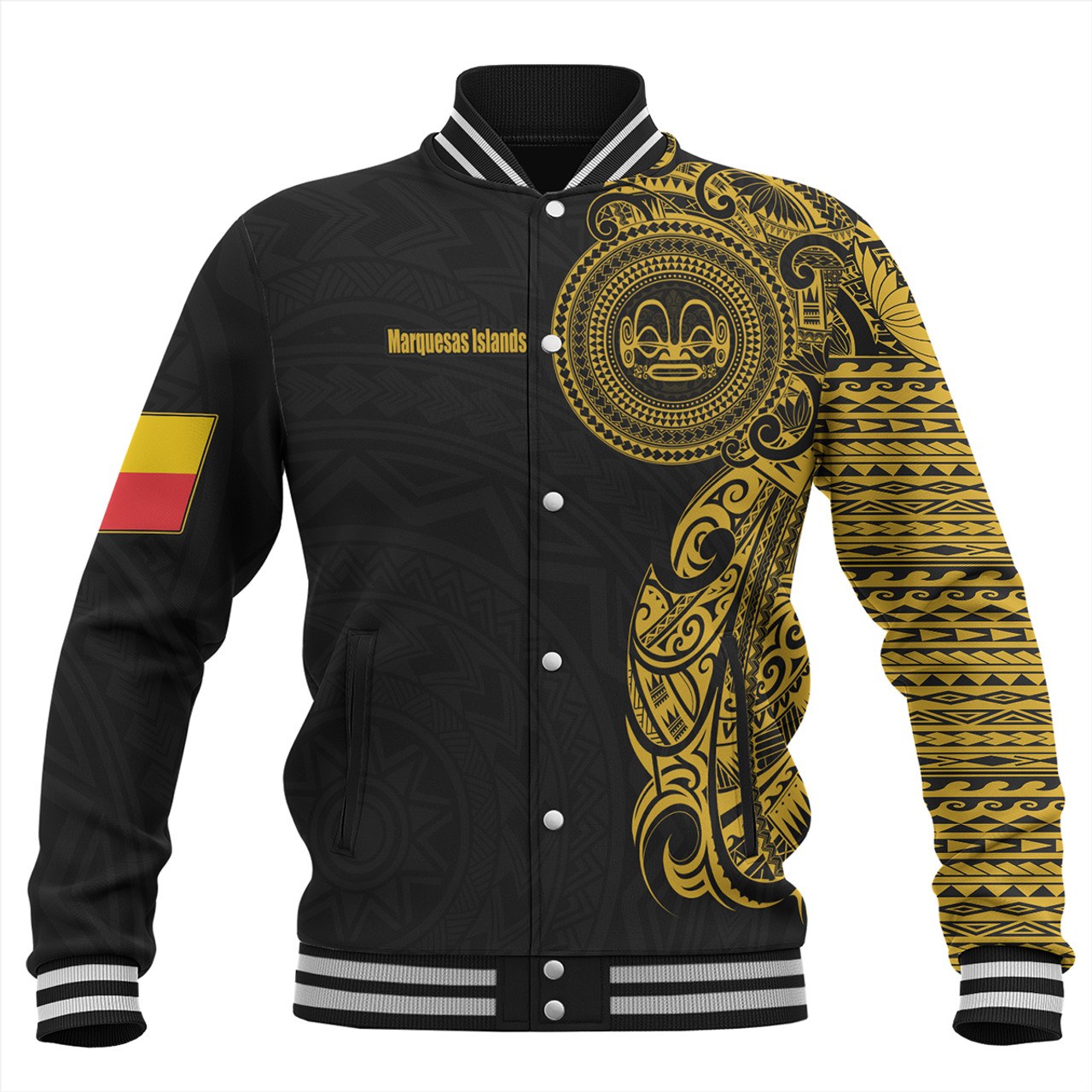 Marquesas Islands Baseball Jacket Custom Polynesian Half Sleeve Gold Tattoo With Seal Black