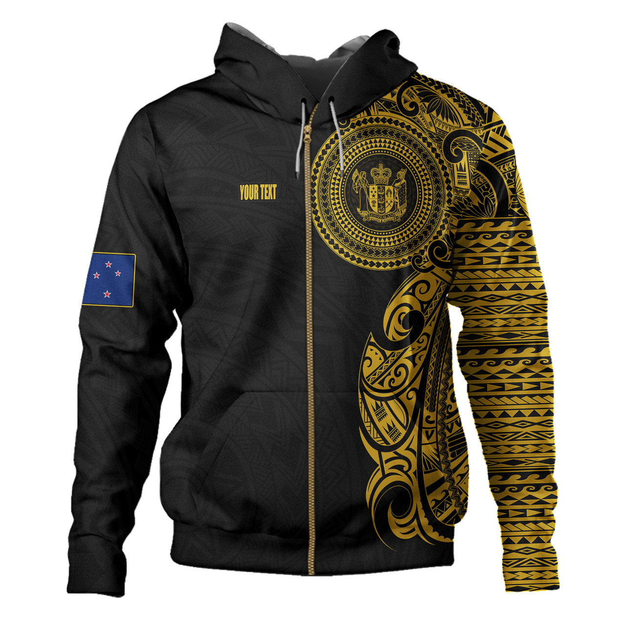 New Zealand Hoodie Custom Polynesian Half Sleeve Gold Tattoo With Seal Black