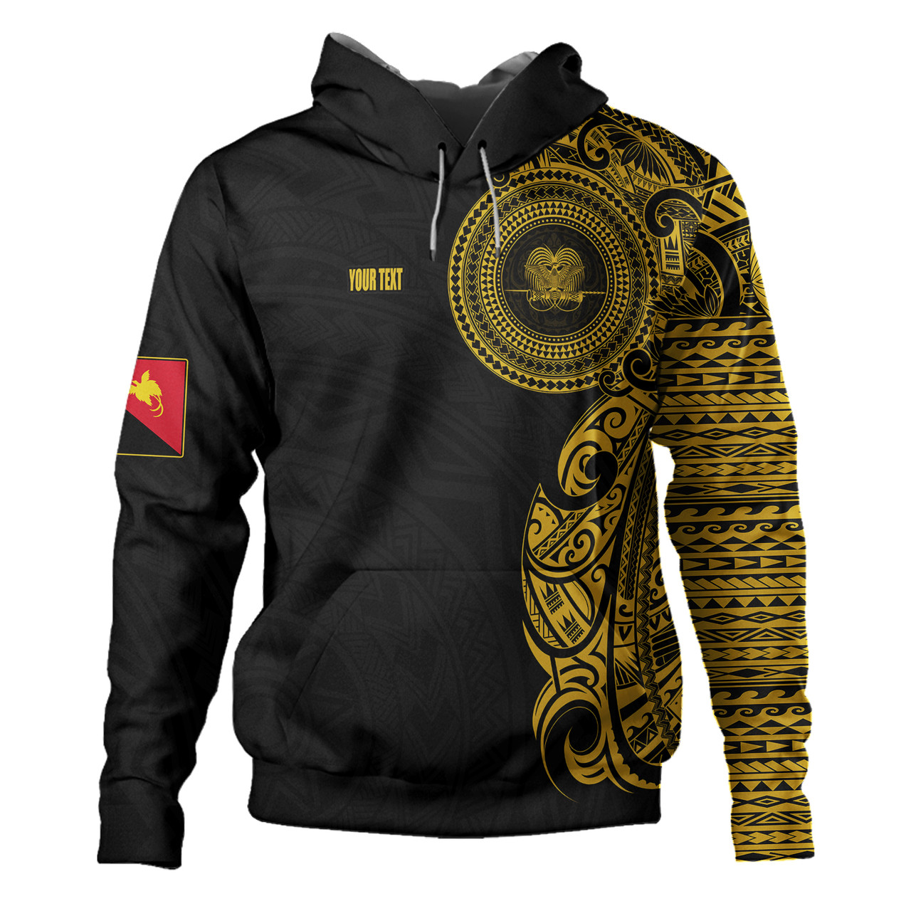 Papua New Guinea Hoodie Custom Polynesian Half Sleeve Gold Tattoo With Seal Black