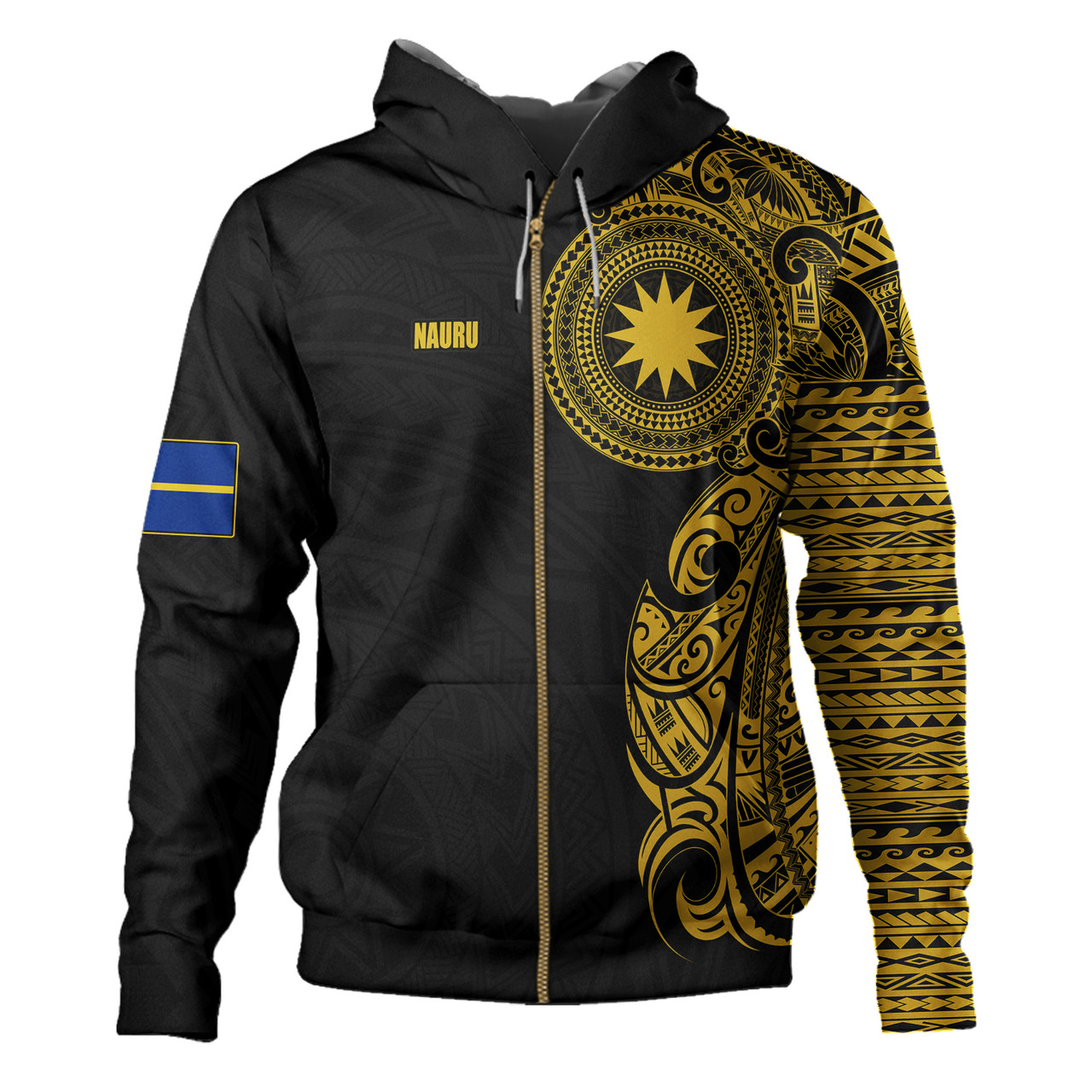 Nauru Hoodie Custom Polynesian Half Sleeve Gold Tattoo With Seal Black