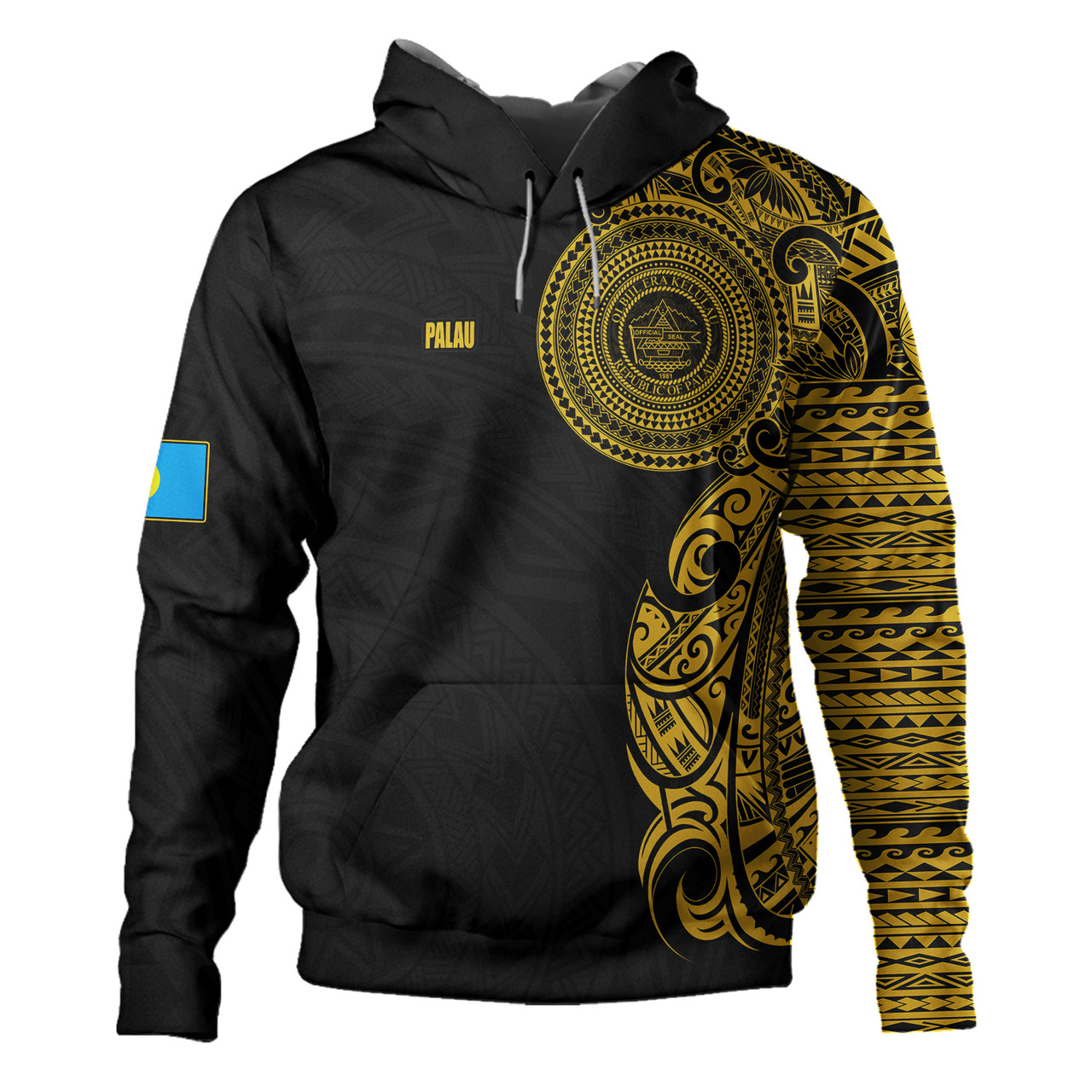 Palau Hoodie Custom Polynesian Half Sleeve Gold Tattoo With Seal Black