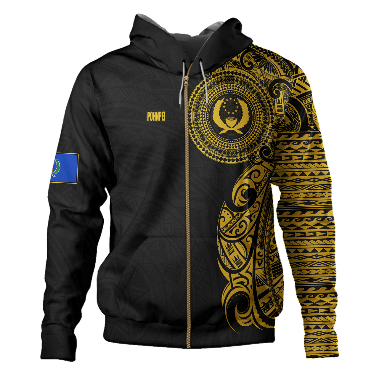 Pohnpei State Hoodie Custom Polynesian Half Sleeve Gold Tattoo With Seal Black