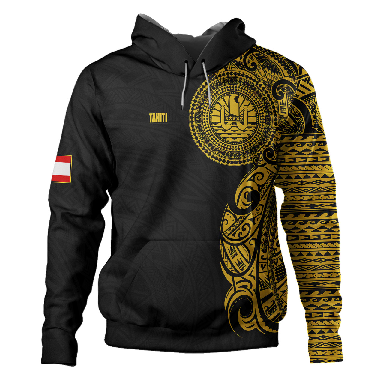 Tahiti Hoodie Custom Polynesian Half Sleeve Gold Tattoo With Seal Black